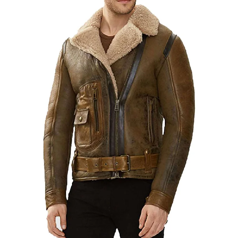 Mens Shearling Aviator Dark Brown Bomber Pilot Leather Jacket Print Jacket Jacquard Jacket Embroidered Jacket