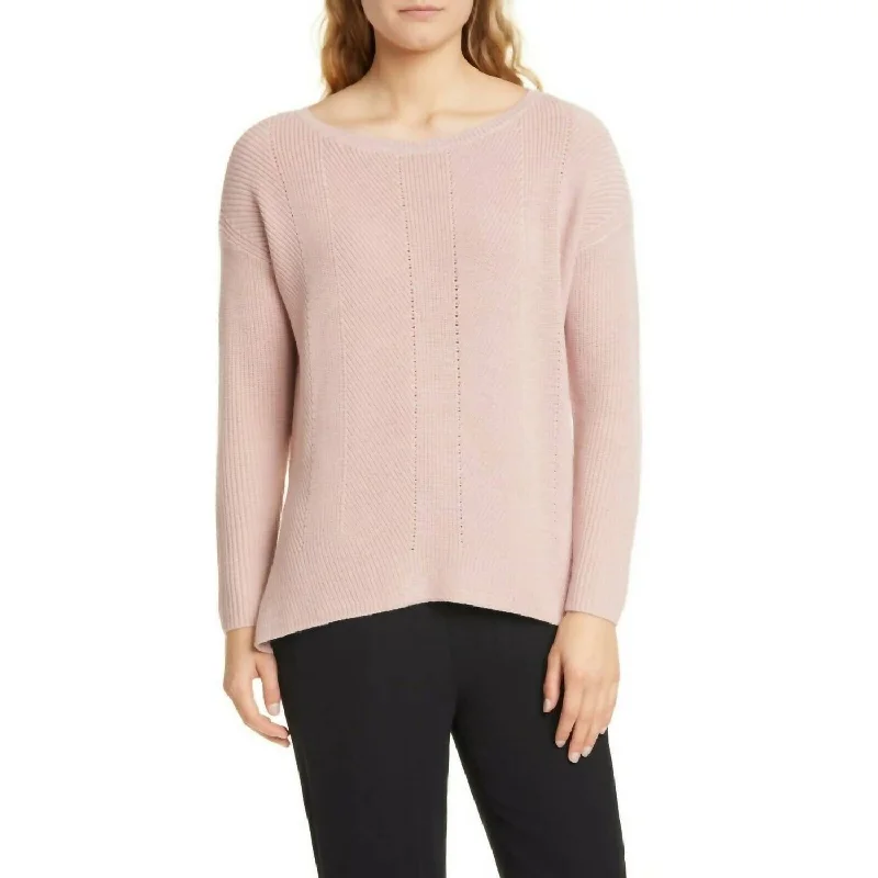Merino Wool Bateau Neck Rib Knit Sweater In Pink Lightweight Heavyweight Midweight