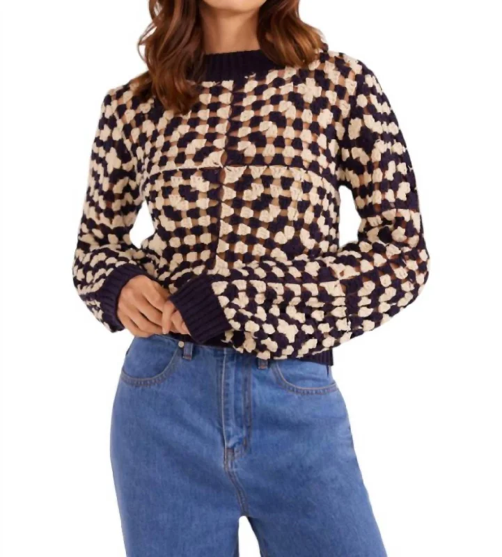 Meyer Crochet Knit Jumper In Navy Cream Ribbed Striped Patterned