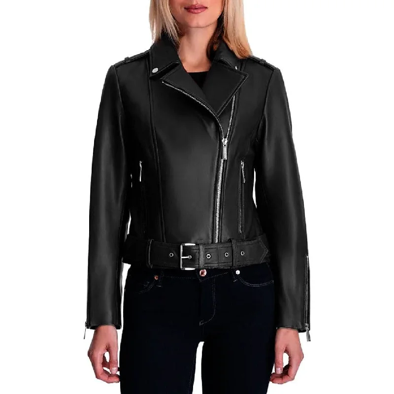 MICHAEL Michael Kors Womens Moto Genuine Leather Jacket with Belt Zippered Jacket Buttoned Jacket Snapped Jacket