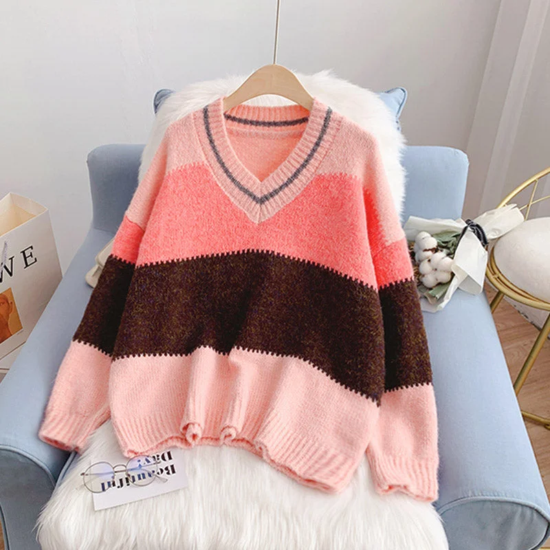 Mohair contrast V-Neck Sweater sweater sweater top  5170 Solid Print Embellished
