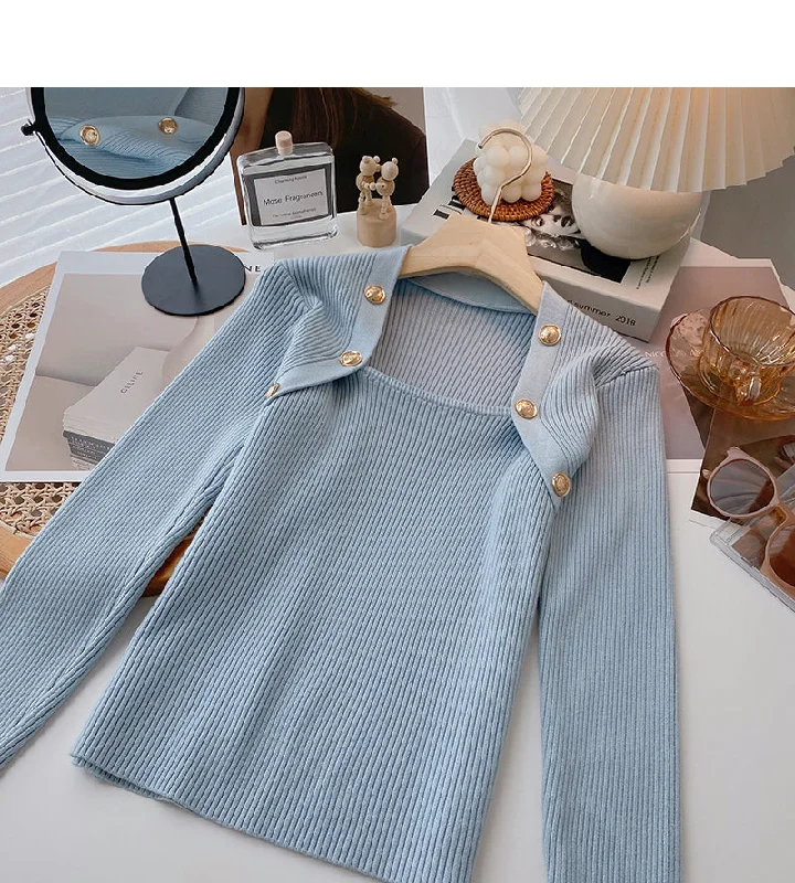 Net red design double breasted square neck sweater  6610 Bright Pastel Dark