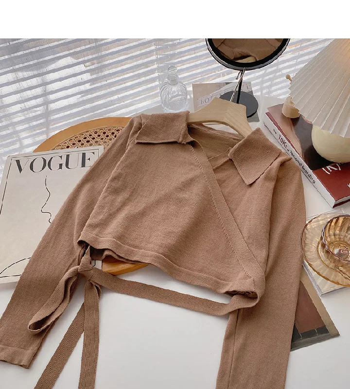 Niche design cross Lapel strap short sweater  6617 Slim Fit Regular Fit Oversized