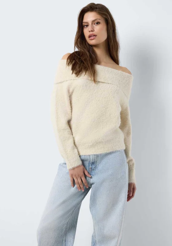 Noisy May Heidi Off Shoulder Jumper, Cream Hooded Caped Shawl Collar