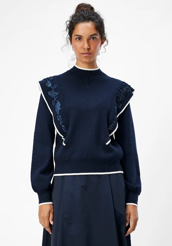 Object Selmaya Knit Long Sleeve Jumper, Navy Satin Blend Silk Blend Wool Blend