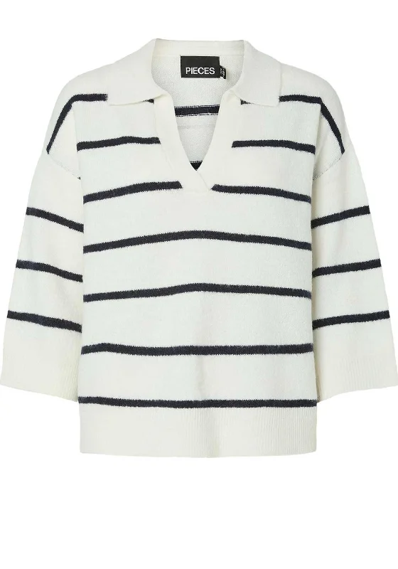 Pieces Mikela Striped V Neck Sweater, White and Navy Glossy Satin Silk