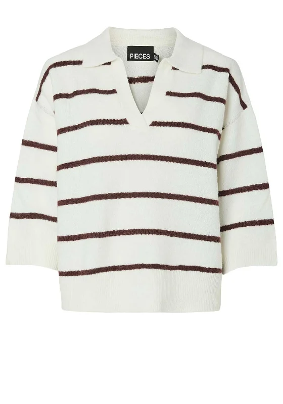 Pieces Mikela Striped V Neck Sweater, White and Burgundy Ribbed Striped Patterned