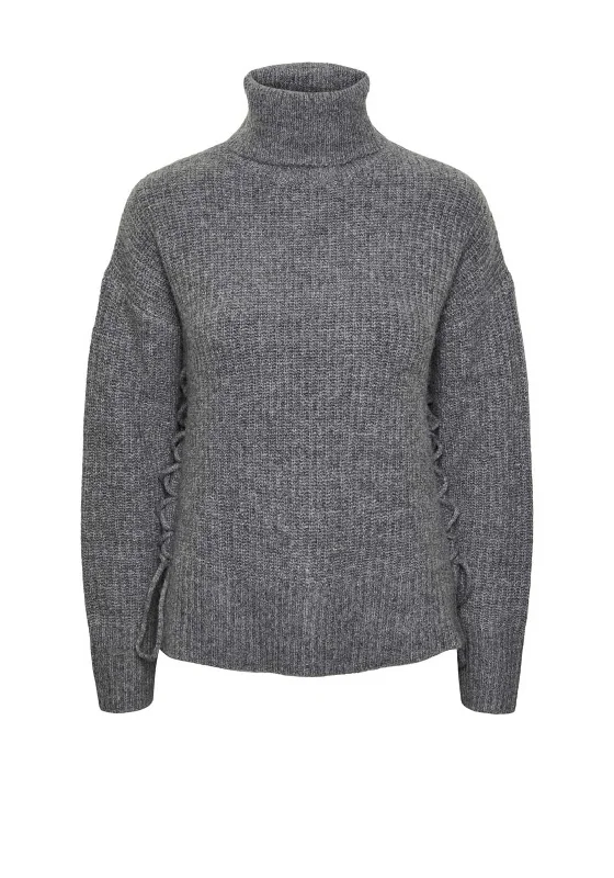 Pieces Radna Tie Detail Polo Neck Jumper, Grey Thin Thick Dense