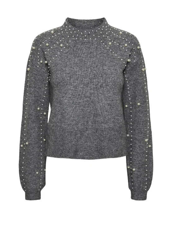 Pieces Rea High Neck Pearl Jumper, Grey Iron Safe Non-Iron Wrinkle Free