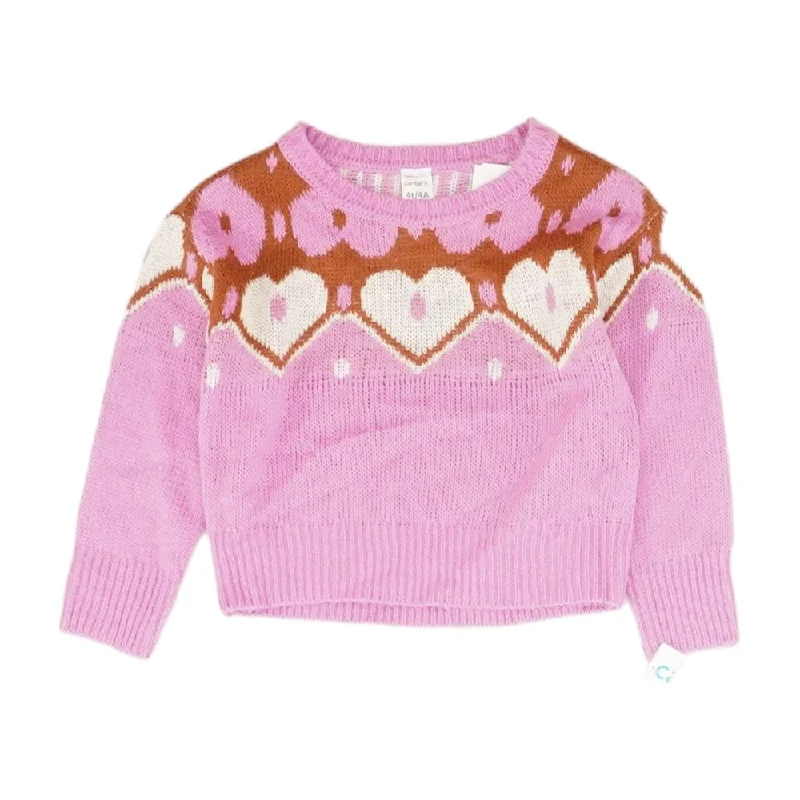 Pink Hearts Crewneck Sweater Welt Pockets Slit Pockets Flap Pockets