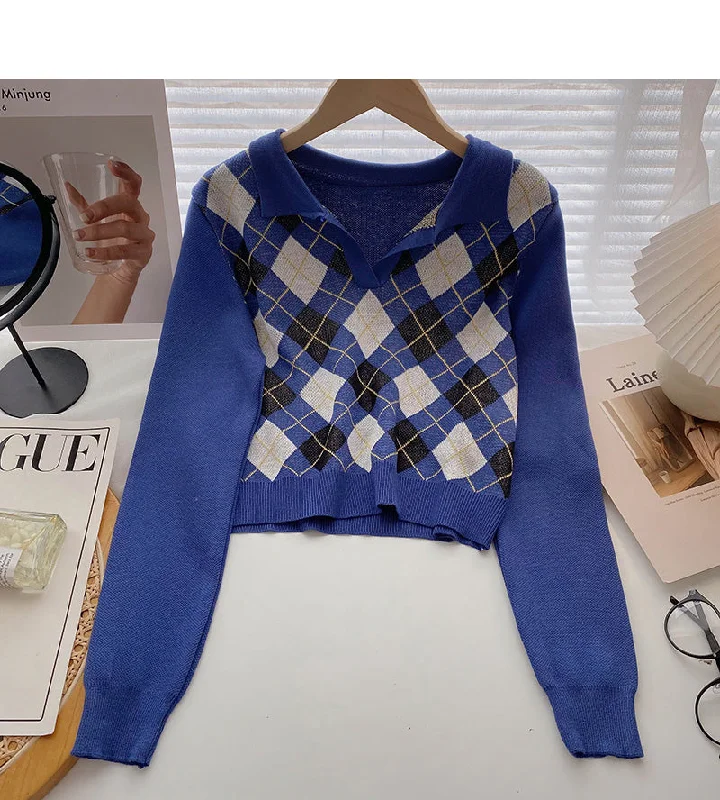 Plaid long sleeve sweater small short Pullover Top  6653 Striped Floral Plaid