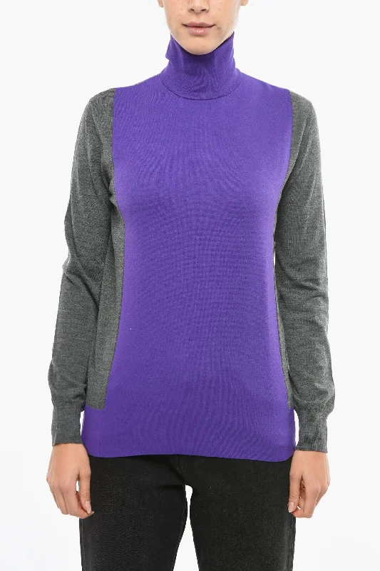 Plan C Two-Tone Wool Blen Turtleneck Sweater Faux Fur Fabric Real Fur Fabric Shearling Fabric