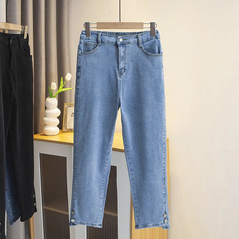 Plus Size Boyfriend Black Drainpipe Jeans For Women HIGH Waist Button Leg Opening Pants Casual High-Waisted Bootcut Jeans