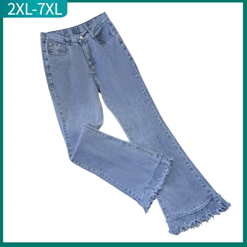 Plus Size Flared Y2K Jeans For Women Large Slim Elastic Cotton Blue Tassel Denim Stylish Plus Size Denim Jeans Plus Size Flared Y2K Jeans For Women Large Slim Elastic Cotton Blue Tassel Denim Stylish Plus Size Denim Jeans