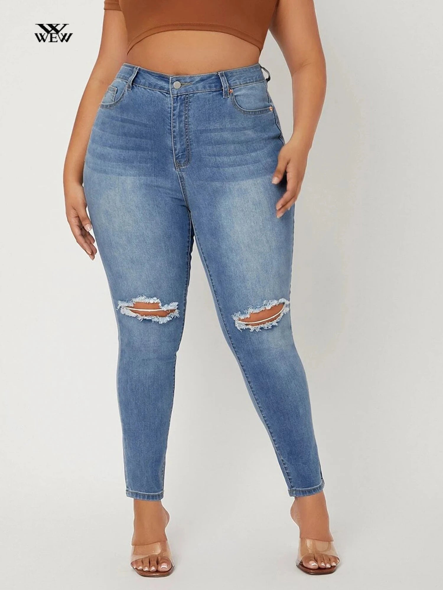 Plus Size Ripped Jeans for Women High Waist Stretchy Washing Hope Women Jeans Stylish Tapered Fit Jeans