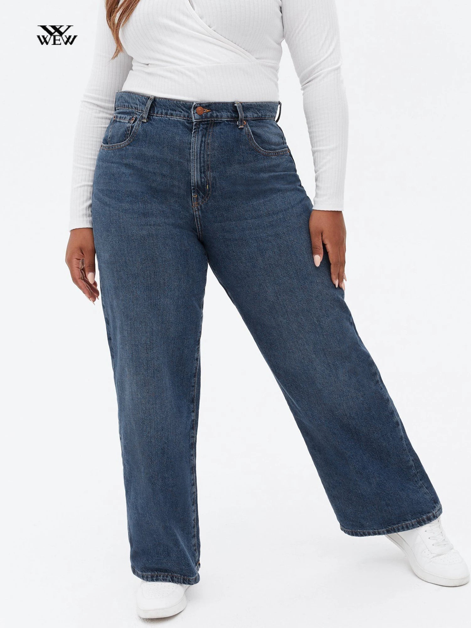 Plus Size Wide Leg Women Jeans Stretchy Full Length Ladies Women Jeans Comfortable Distressed Straight-Leg Jeans