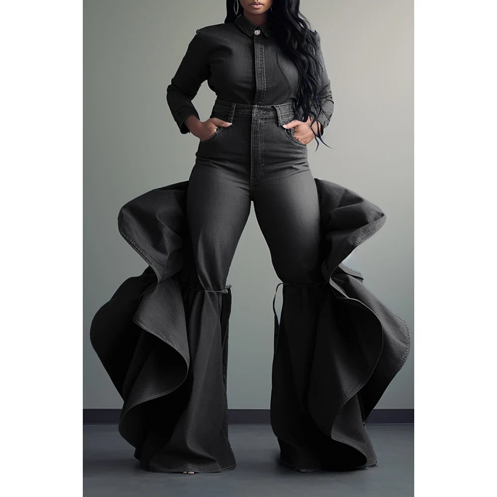 Plus Size Work Jeans Blue Denim High Waist Side Ruffles Flare Leg Jeans Fashionable Vintage Wash Jeans