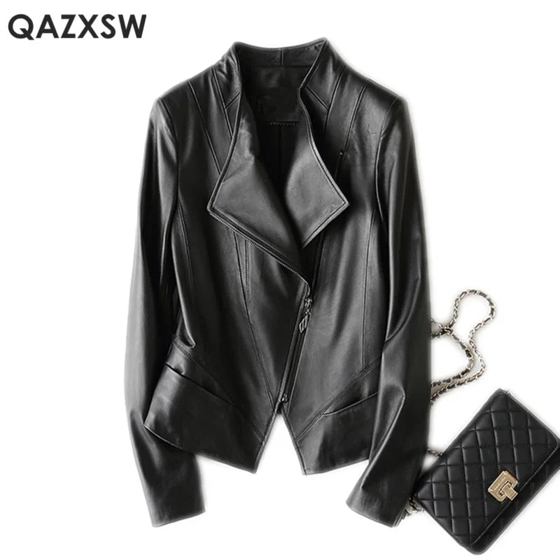 QAZXSW Genuine Leather Jacket 2019 New Women Fashion Plus Size Leather Sheepskin Bomber Jacket Short Leather Coat Female LH1274 Lace Jacket Ribbed Jacket Sequined Jacket