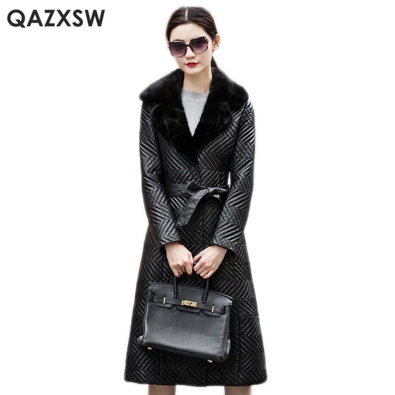 QAZXSW Leather Sheepskin Coat 2019 New Winter Women Genuine Leather Jacket Plus Size Overcoat Mink Fur Collar Long Jacket LH1278 Striped Jacket Polka Dot Jacket Floral Jacket