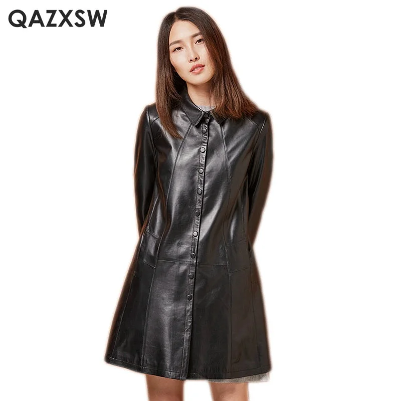 QAZXSW Plus Siz Leather Sheepskin Coat 2019 New Women Single Breasted Mid-long Jacket Genuine Leather Jacket LH1281 Cotton Fabric Linen Fabric Terry Fabric