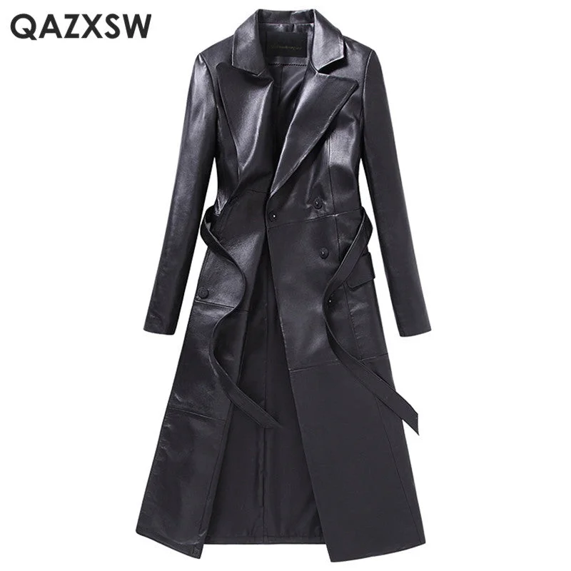 QAZXSW Plus Size Genuine Leather Jacket Women Fashion Long Leather Coat Female Overcoat Autumn Casual Leather Jacket LH1279 Wool Jacket Cashmere Jacket Tweed Jacket