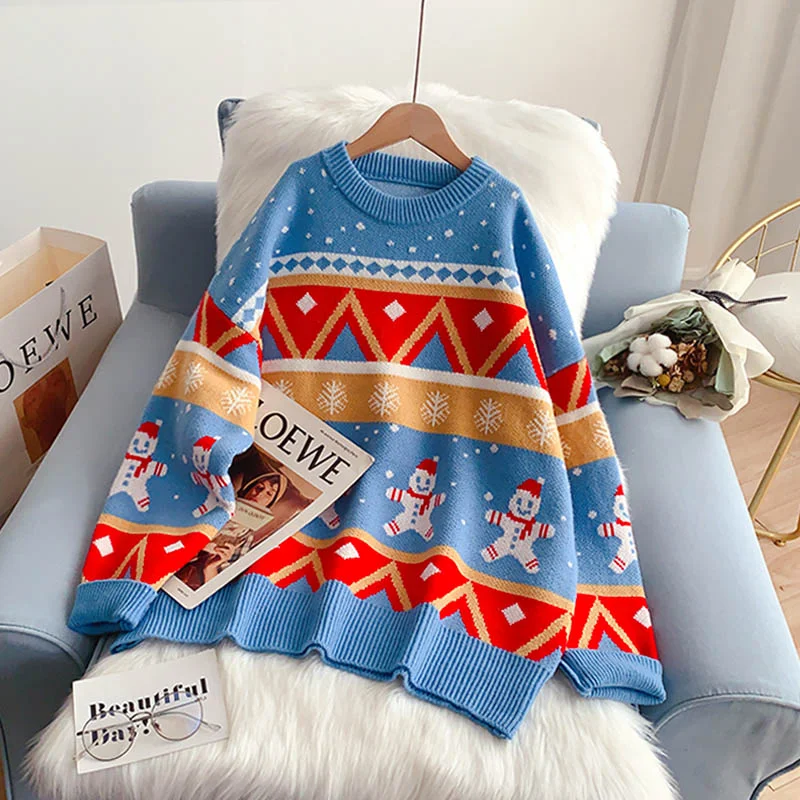 Red Christmas style crew neck sweater sweater sweater top  5132 Herringbone Houndstooth Plaid