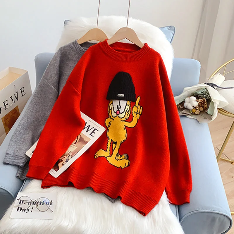 Red cute cartoon round neck sweater female  5142 Silk Blend Satin Velvet