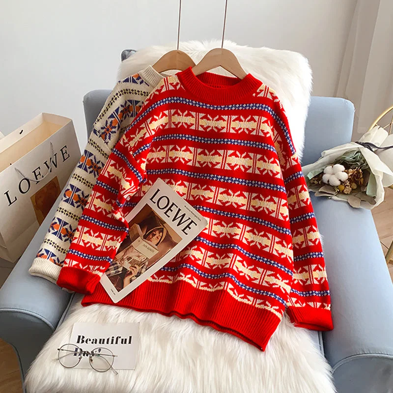 Round neck Vintage jacquard soft waxy sweater female  5166 Faux Fur Fabric Real Fur Fabric Shearling Fabric