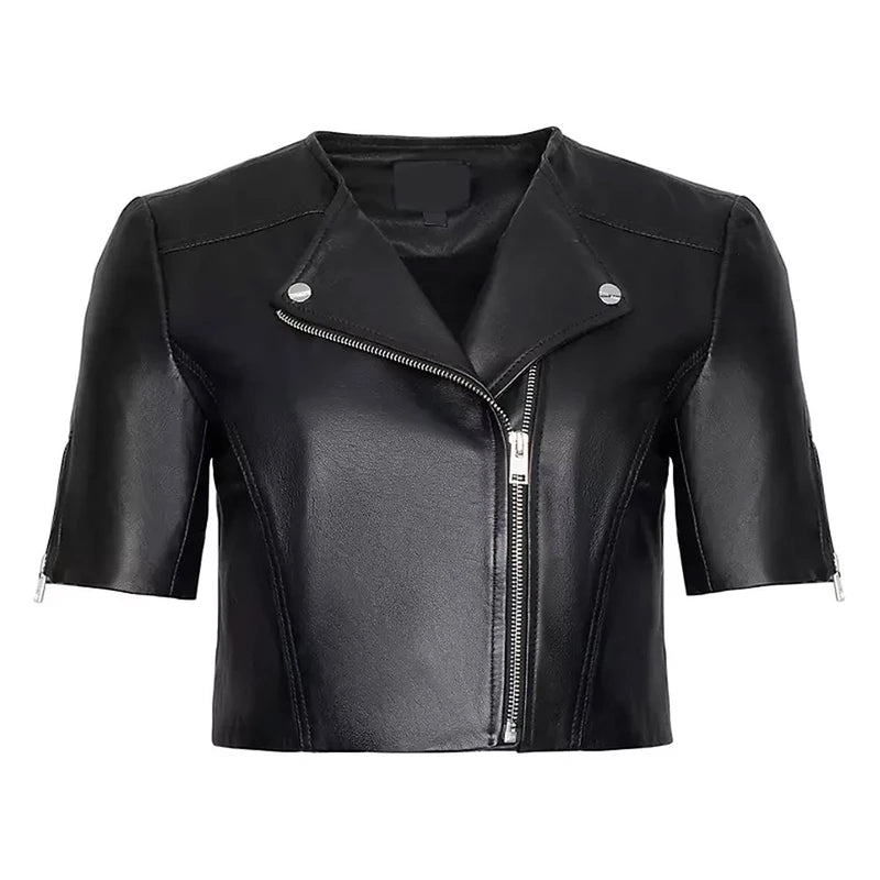 Short Sleeve Black Leather Jacket Jacket Blazer Coat