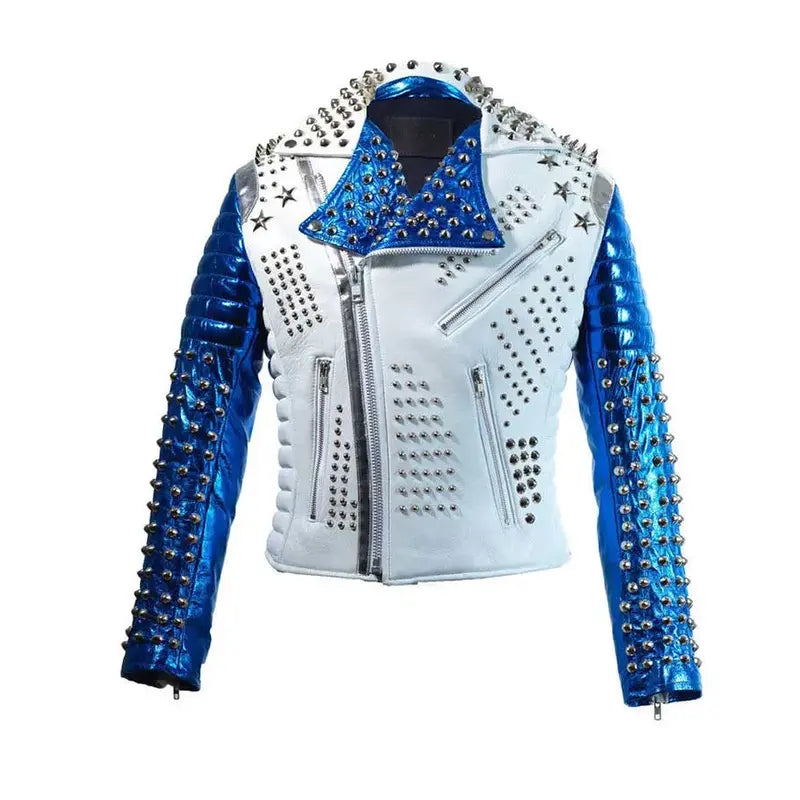 Silver Studded White Blue Men's Biker Jacket Rayon Fabric Velvet Fabric Corduroy Fabric