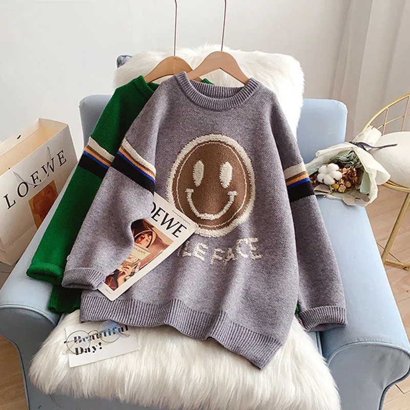 Smiling face pattern sweater sweater sweater women's Pullover  5187 Sweater Knitwear Pullover