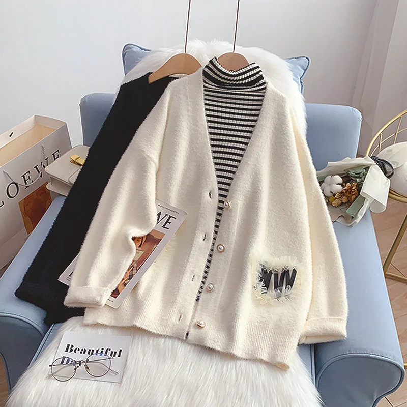 Soft waxy imitation mink sweater coat female  5202 Front Pockets Side Pockets Patch Pockets