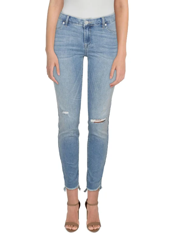 Spray-On Womens Mid-Rise Distressed Skinny Jeans Chic Ripped Jeans