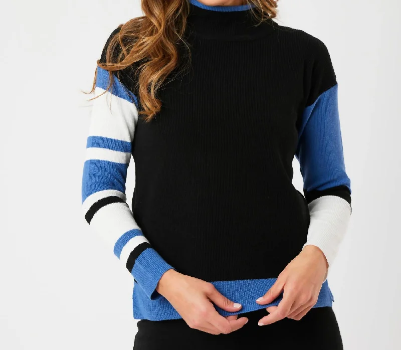 Stripe Sleeve Mock Neck Sweater In Black/denim Thin Thick Dense
