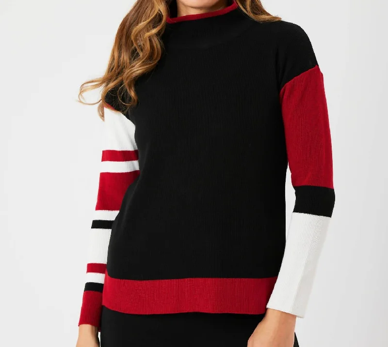 Stripe Sleeve Mock Neck Sweater In Black/red Wool Sweater Cotton Sweater Cashmere Sweater