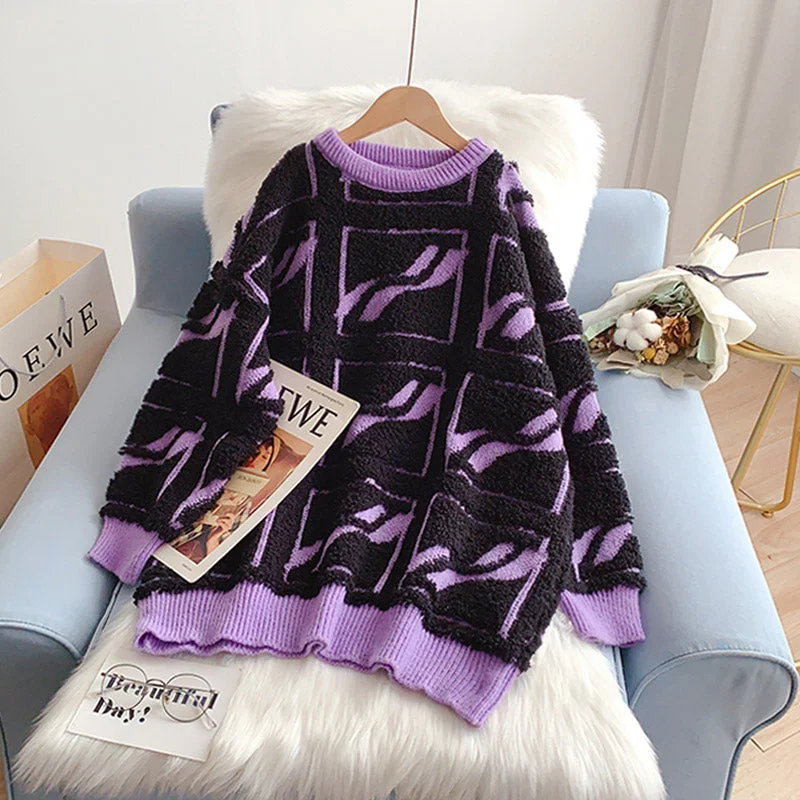 Three dimensional flocking plaid sweater  5184 Stylish Fashionable Trendy
