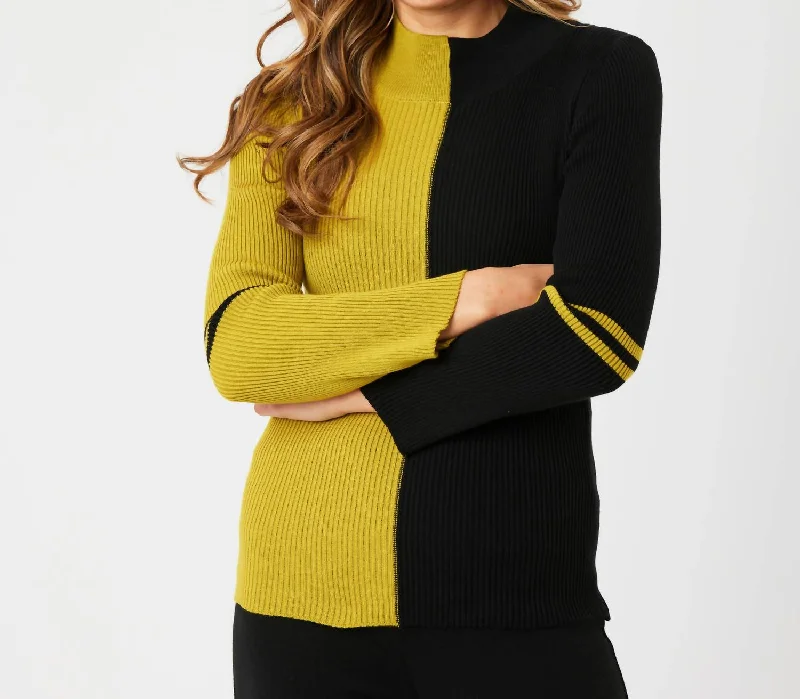 Two Tone Mock Neck Sweater In Black/mustard Elegant Classic Vintage