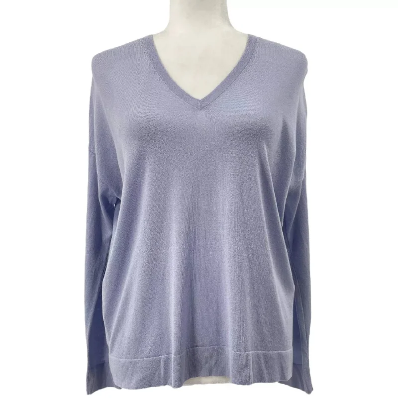 V Neck Long Sleeve Tencel Sweater In Blue Modern Contemporary Chic