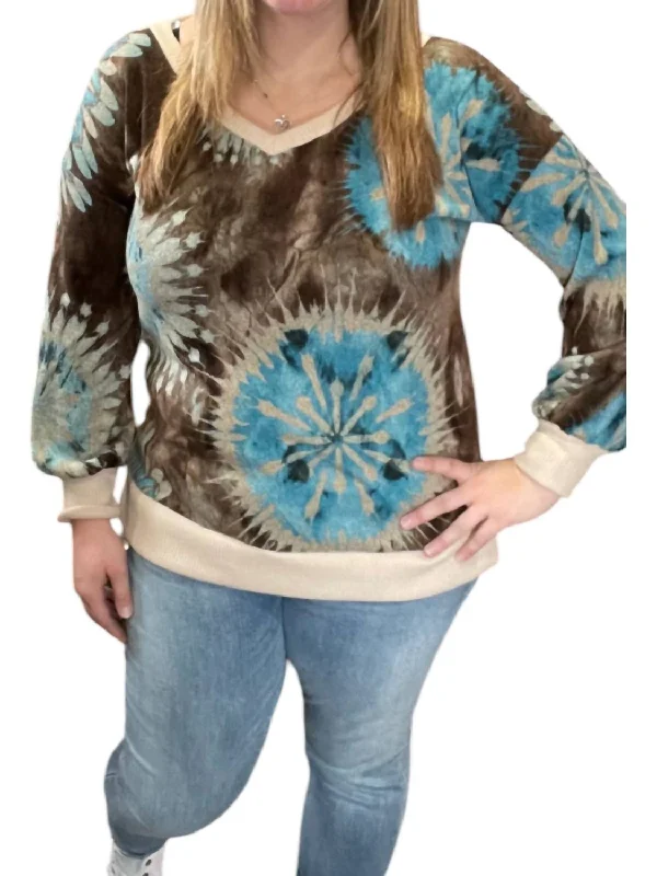 V-Neck Sweater In Mocha/turquoise Chenille Blend Fleece Blend Nylon Blend