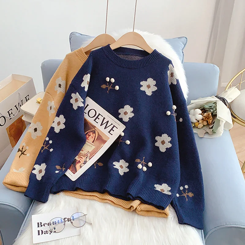 Vintage flower sweater round neck jacquard sweater 5207 Machine Wash Dry Clean Hand Wash