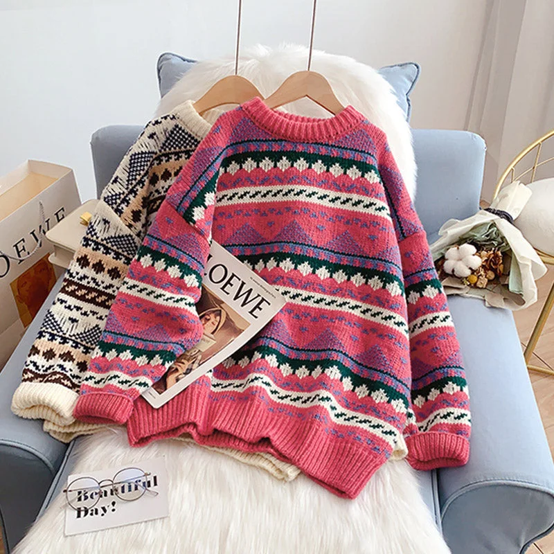 Vintage jacquard sweater loose lazy top  5135 Cable Knit Ribbed Knit Lace Knit