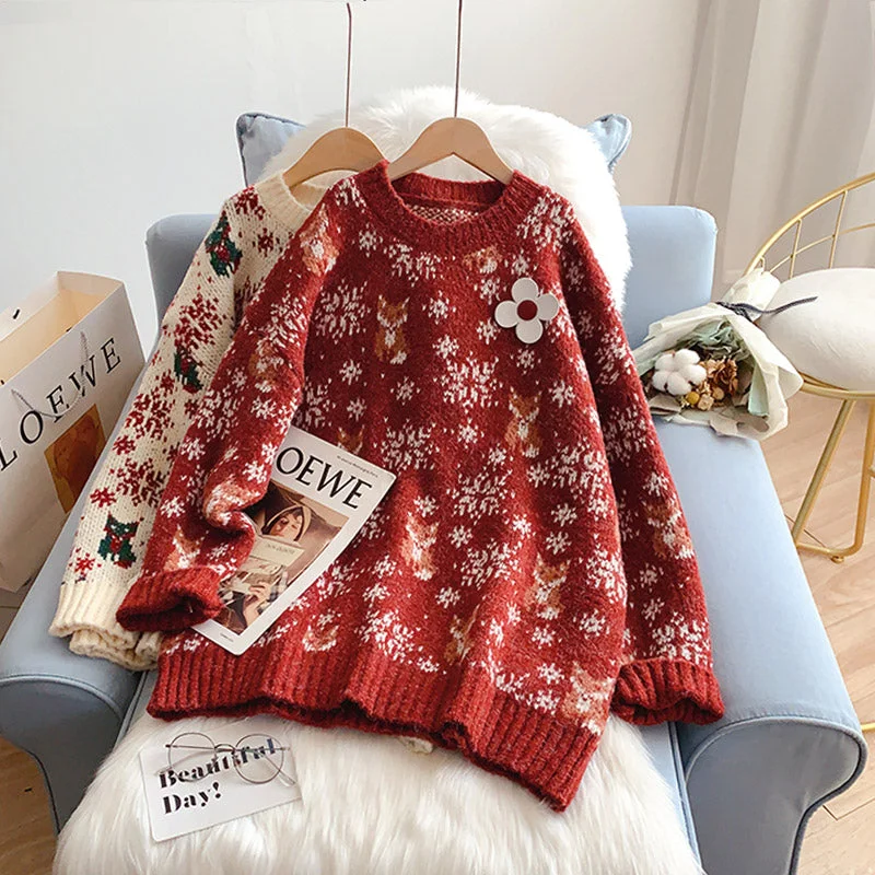 Vintage Red Christmas jacquard knitted sweater  5125 Sequined Glittery Shiny