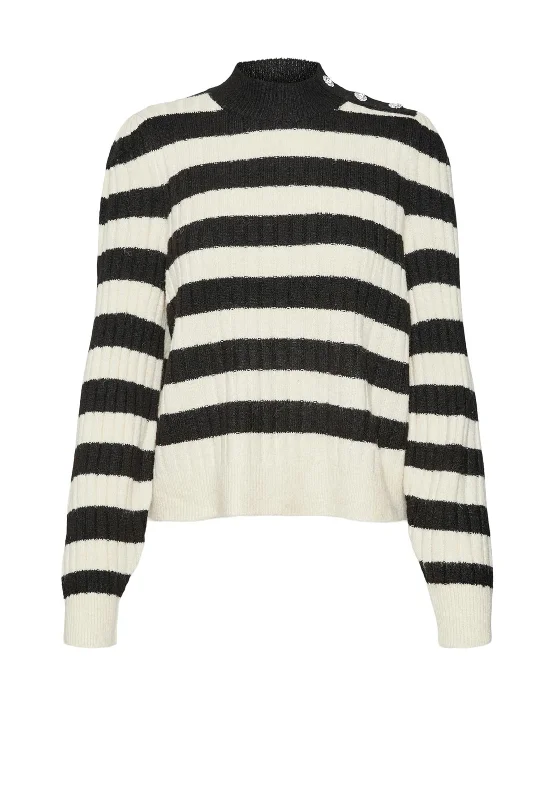 Vero Moda Elya Striped Jumper, Black and Cream Real Fur Shearling Chenille