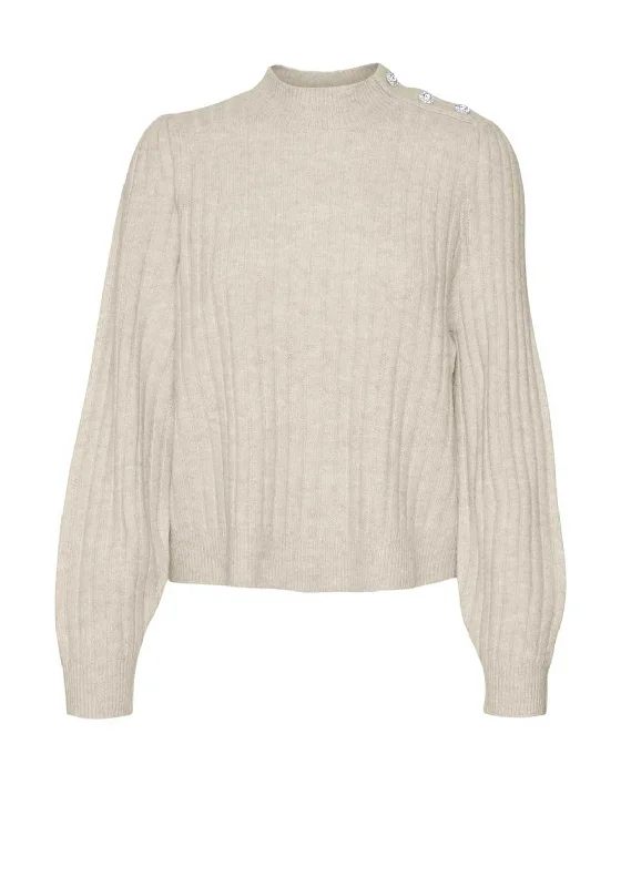 Vero Moda Elya Embellished Detail Jumper, Beige Ribbed Striped Patterned