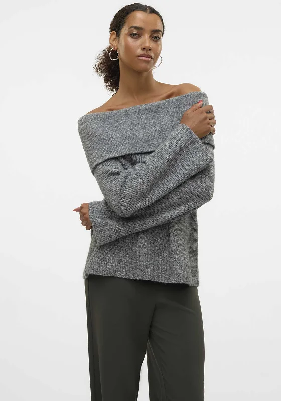 Vero Moda Era Off Shoulder Jumper, Grey Glossy Satin Silk