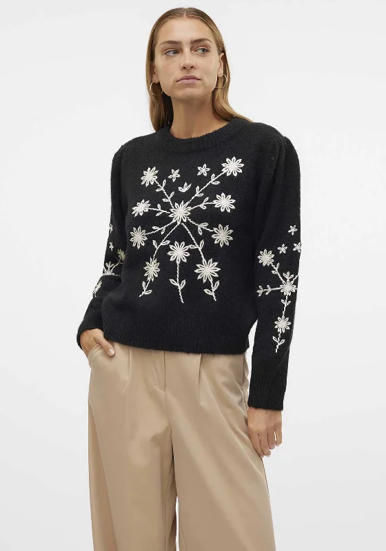Vero Moda Gaia Floral Embroidered Jumper, Black Beaded Sweater Sequined Faux Fur