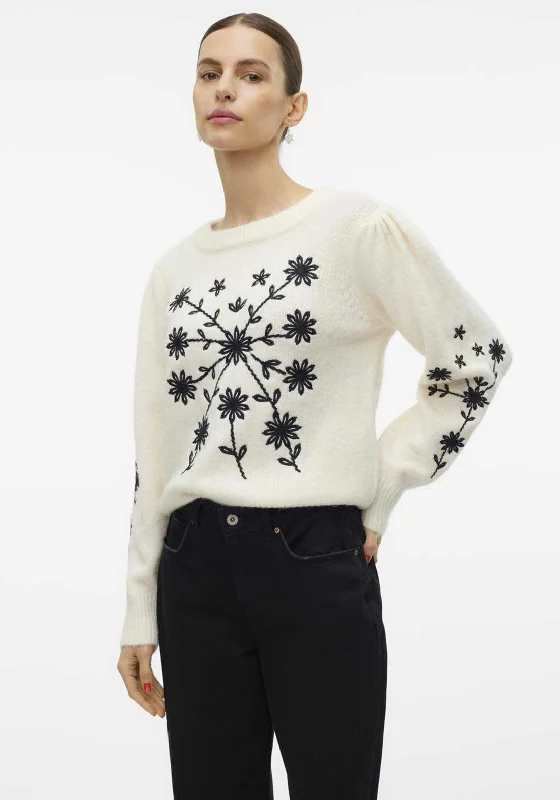 Vero Moda Gaia Floral Embroidered Jumper, Cream Chenille Brocade Lace