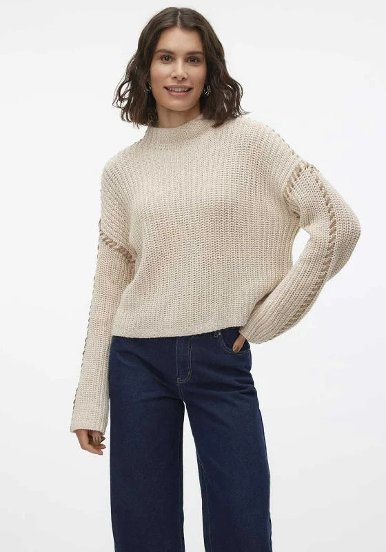 Vero Moda Contrast Stitch High Neck Jumper, Beige Spandex Rayon Corduroy