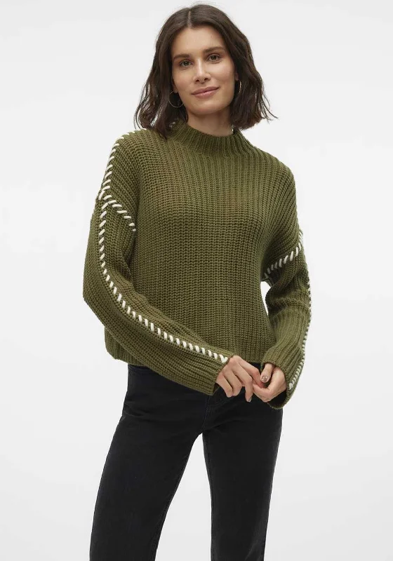 Vero Moda Contrast Stitch High Neck Jumper, Green Cashmere Blend Cotton Blend Poly Blend
