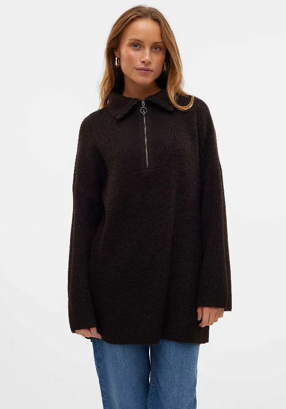 Vero Moda Pernilla Zip Neck Oversized Jumper, Brown Tailored Straight A-Line